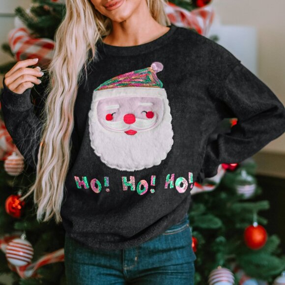 B228 Black Sequin HoHoHo Santa Graphic Corded Sweatshirt - Picture 3 of 5